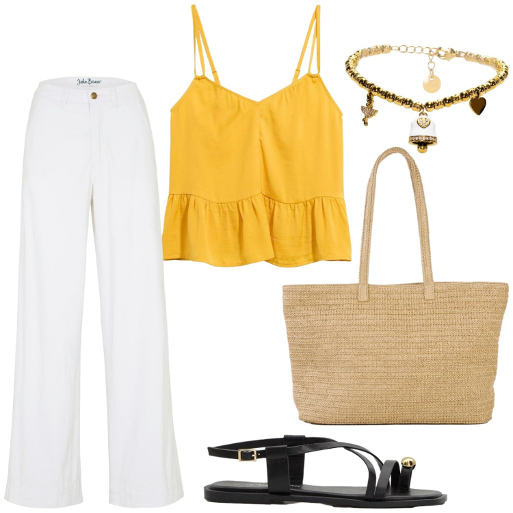 Outfit donna - Mood vacanziero. Stile Casual per Tutti i giorni. Abbinamento con jeans, shopping bag, top, sandali, braccialetti.