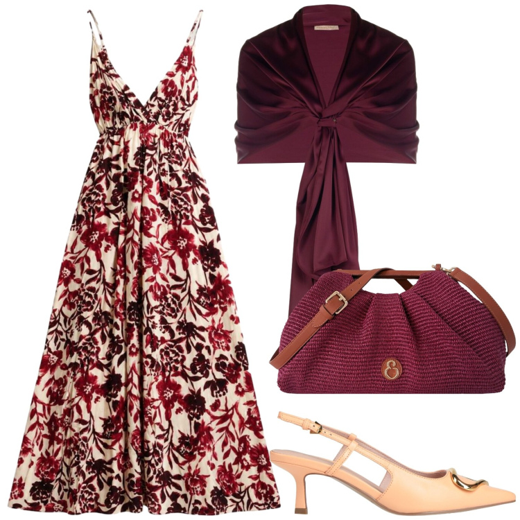 Outfit donna - Serata d\'agosto. Stile Chic per Serata fuori. Abbinamento con décolleté, vestiti lunghi, stole, clutch.