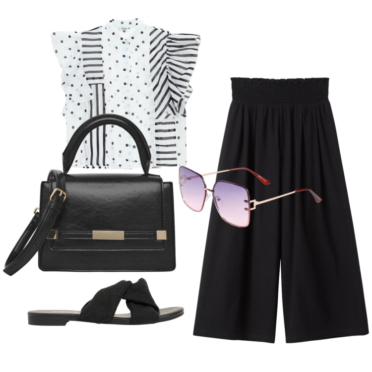 Outfit donna - Agosto. Stile Casual chic per Tutti i giorni. Abbinamento con occhiali da sole, sandali, pantaloni, borse a spalla, camicie.
