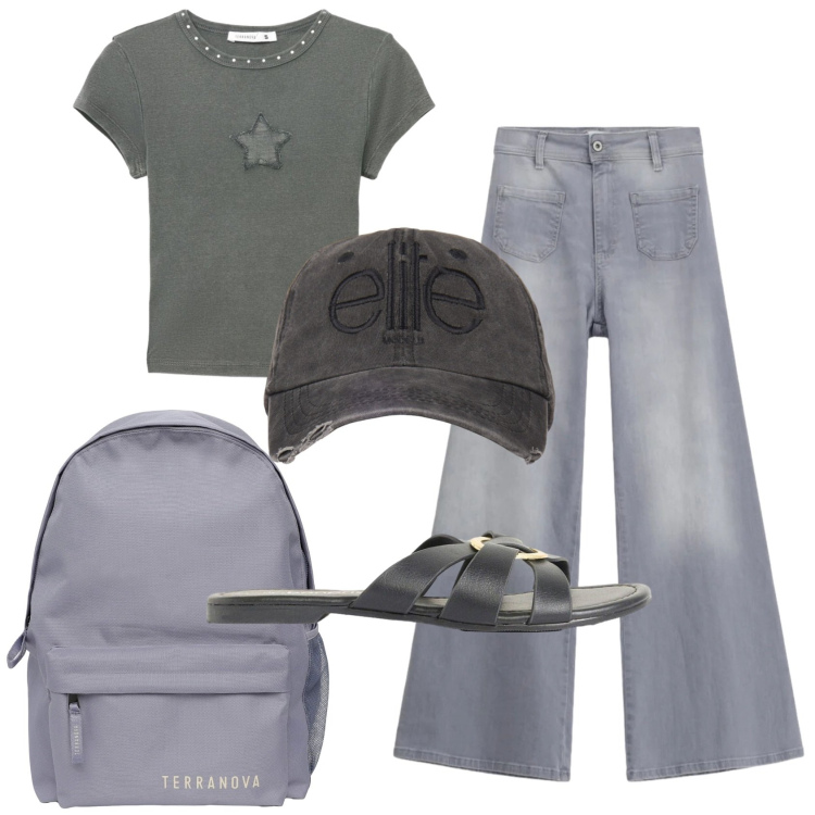 Outfit donna - Total look #2454377. Stile Urban per Scuola/Università. Abbinamento con ciabatte, t-shirt, zaini, jeans, cappelli.