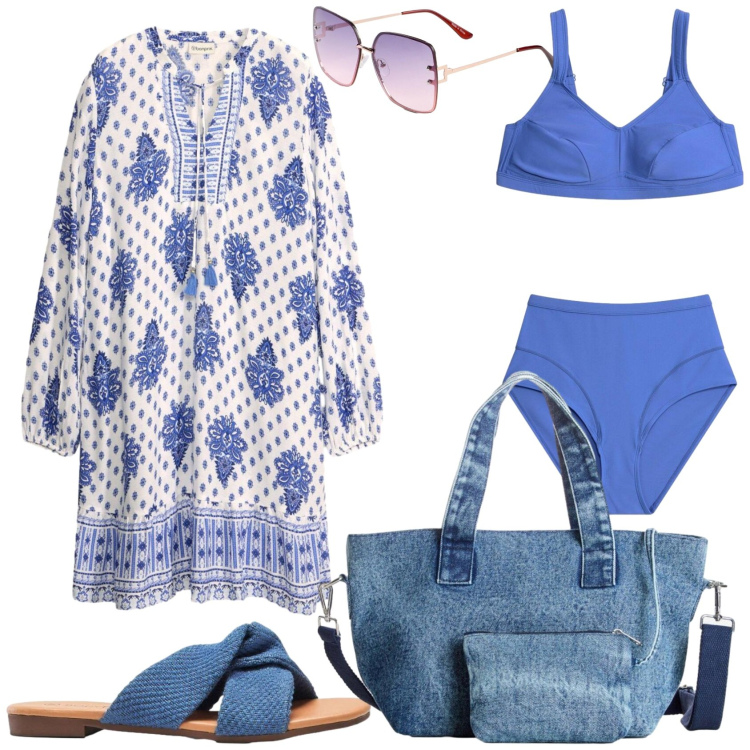 Outfit donna - Mare chic. Stile Glamour per Mare. Abbinamento con borse a mano, occhiali da sole, ciabatte, vestiti, bikini.