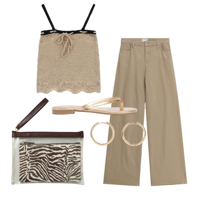 Outfit donna - Agosto. Stile Casual chic per Tutti i giorni. Abbinamento con orecchini, sandali, pochette, pantaloni, maglieria.