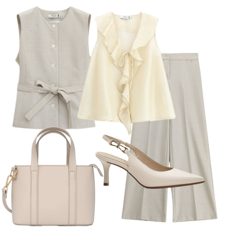 Outfit donna - Total look #2454381. Stile Chic per Ufficio. Abbinamento con décolleté, borse a tracolla, top, pantaloni a palazzo, gilet.