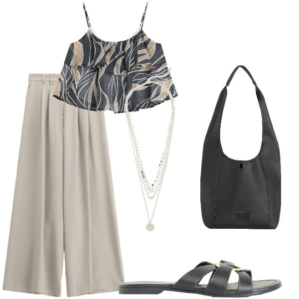 Outfit donna - E siamo in Agosto....... Stile Casual per Tutti i giorni. Abbinamento con collane, ciabatte, pantaloni a palazzo, top, borse a spalla.