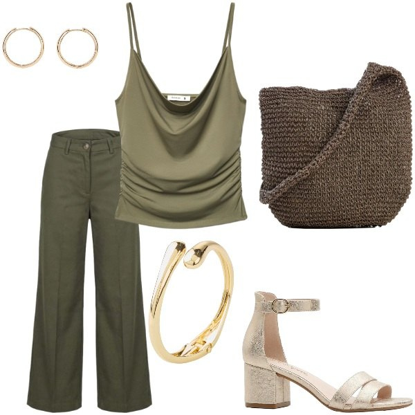 Outfit donna - Serata tra amici. Stile Casual chic per Tutti i giorni. Abbinamento con braccialetti, orecchini, sandali col tacco, shopping bag, top, pantaloni a palazzo.