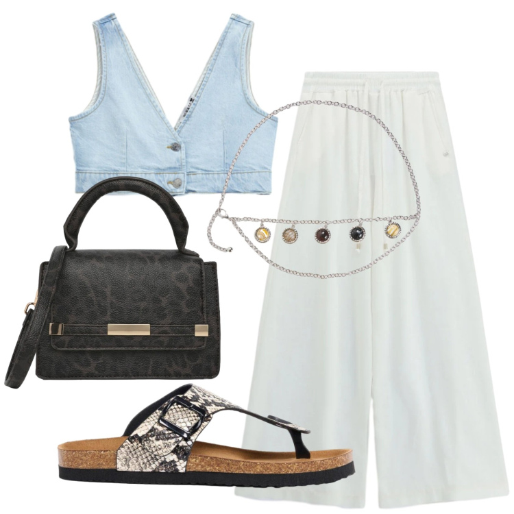 Outfit donna - Total look #2454386. Stile 70s per Tutti i giorni. Abbinamento con infradito, cinture, borse a tracolla, top, pantaloni a palazzo.