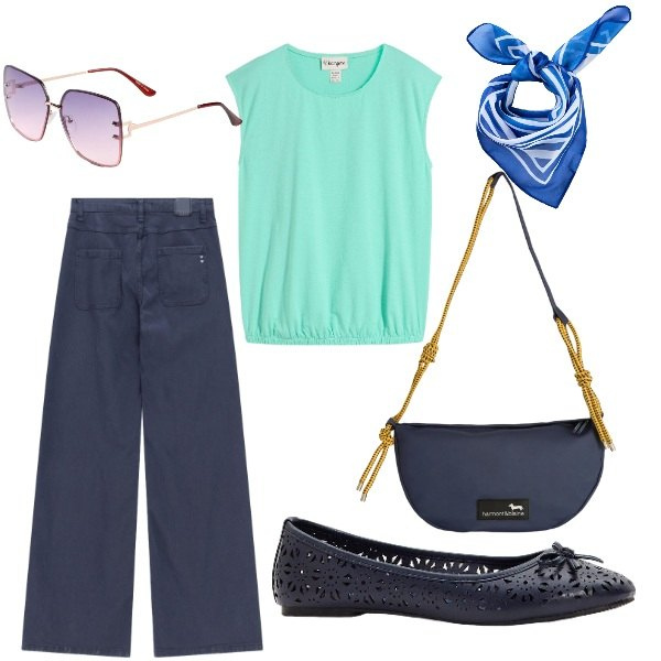 Outfit donna - E siamo in Agosto....... Stile Casual per Tutti i giorni. Abbinamento con ballerine, foulard, occhiali da sole, maglieria, pantaloni, borse a tracolla.