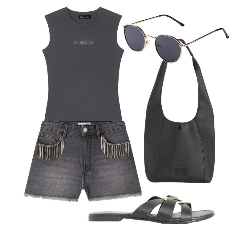 Outfit donna - Total look #2454389. Stile Sporty chic per Tutti i giorni. Abbinamento con occhiali da sole, ciabatte, shorts, top, borse a spalla.