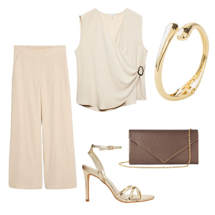 Outfit donna - Cena elegante vista mare. Stile Chic per Serata fuori. Abbinamento con braccialetti, pantaloni a palazzo, top, sandali col tacco, clutch.