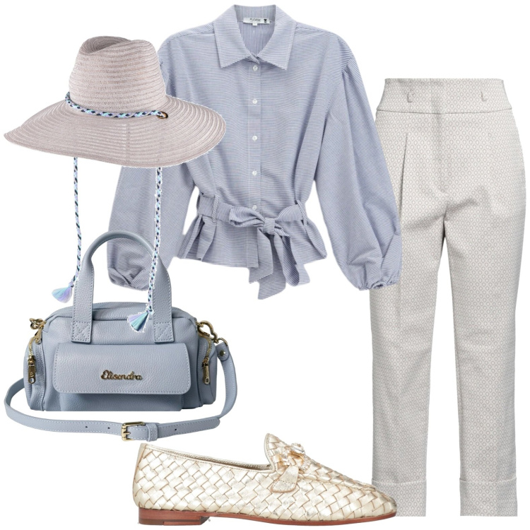 Outfit donna - Fine Agosto. Stile Casual per Tutti i giorni. Abbinamento con pantaloni, mocassini, cappelli, camicie, borse a mano.