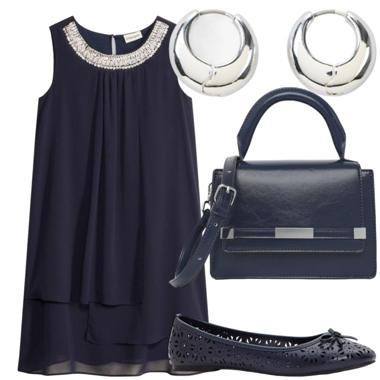 Outfit donna - Blu. Stile Chic per Serata fuori. Abbinamento con ballerine, orecchini, vestiti, borse a spalla.