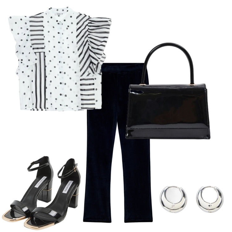 Outfit donna - Fra righe e pois. Stile Casual chic per Ufficio. Abbinamento con orecchini, sabot, borse a mano, camicie, pantaloni.