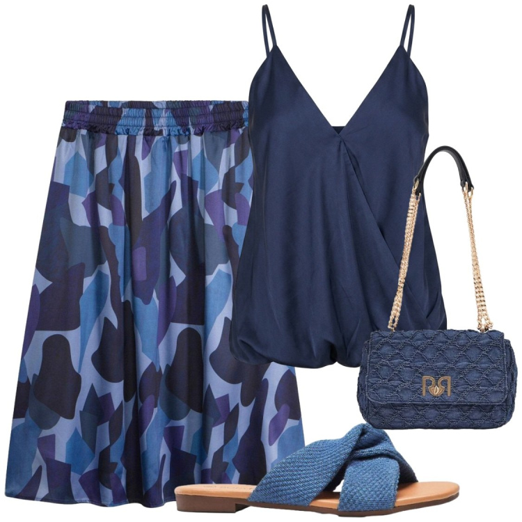 Outfit donna - Blu. Stile Chic per Serata fuori. Abbinamento con ciabatte, gonne, borse a spalla, top.