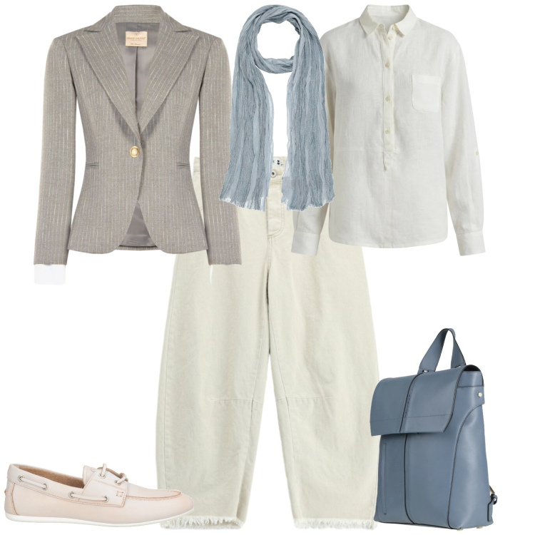 Outfit donna - Rientro in città casual chic. Stile Casual chic per Ufficio. Abbinamento con sciarpe, zaini, mocassini, jeans dritti, camicie, blazer.