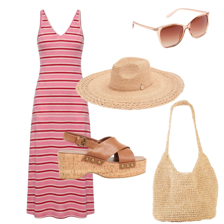 Outfit donna - Righe d\'agosto!. Stile Trendy per Tutti i giorni. Abbinamento con occhiali da sole, shopping bag, zeppe, vestiti lunghi, cappelli.