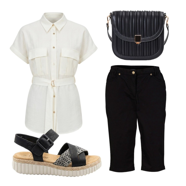 Outfit donna - Ultimi giorni d’estate. Stile Basic per Tutti i giorni. Abbinamento con bermuda, sandali, borse a tracolla, camicie a manica corta.
