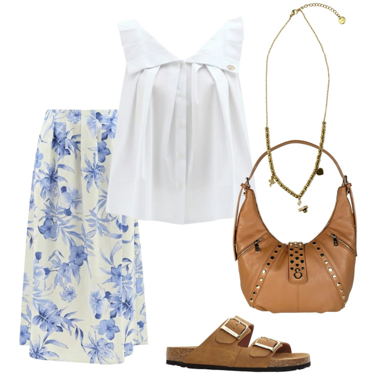 Outfit donna - Total look #2454405. Stile Boho per Mare. Abbinamento con ciabatte, gonne lunghe, bluse, ciondoli, borse a spalla.