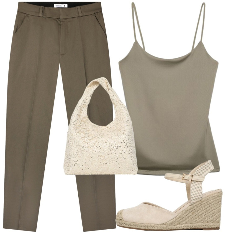 Outfit donna - Semplice e carina. Stile Chic per Serata fuori. Abbinamento con pantaloni chino, borse a spalla, zeppe, canottiere.