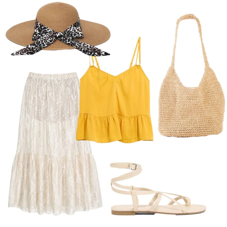 Outfit donna - Total look #2454409. Stile Boho per Mare. Abbinamento con shopping bag, top, sandali, cappelli, gonne lunghe.