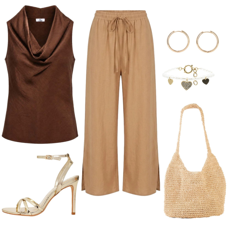 Outfit donna - Total look #2454410. Abbinamento con shopping bag, orecchini, sandali col tacco, canottiere, pantaloni, braccialetti.