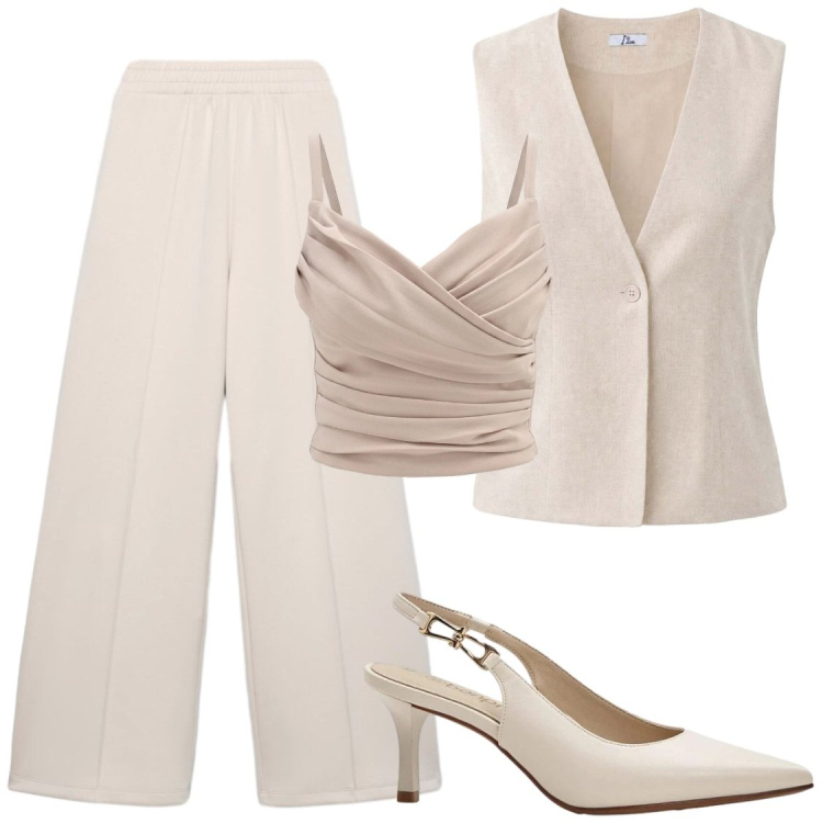 Outfit donna - Eleganza in colore beige. Stile Chic per Serata fuori. Abbinamento con décolleté, pantaloni, gilet, canottiere.