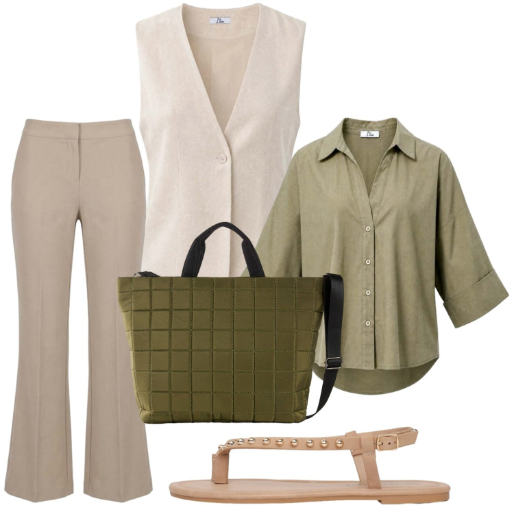Outfit donna - Toni neutri. Stile Trendy per Tutti i giorni. Abbinamento con shopping bag, ciabatte, pantaloni, gilet, camicie.
