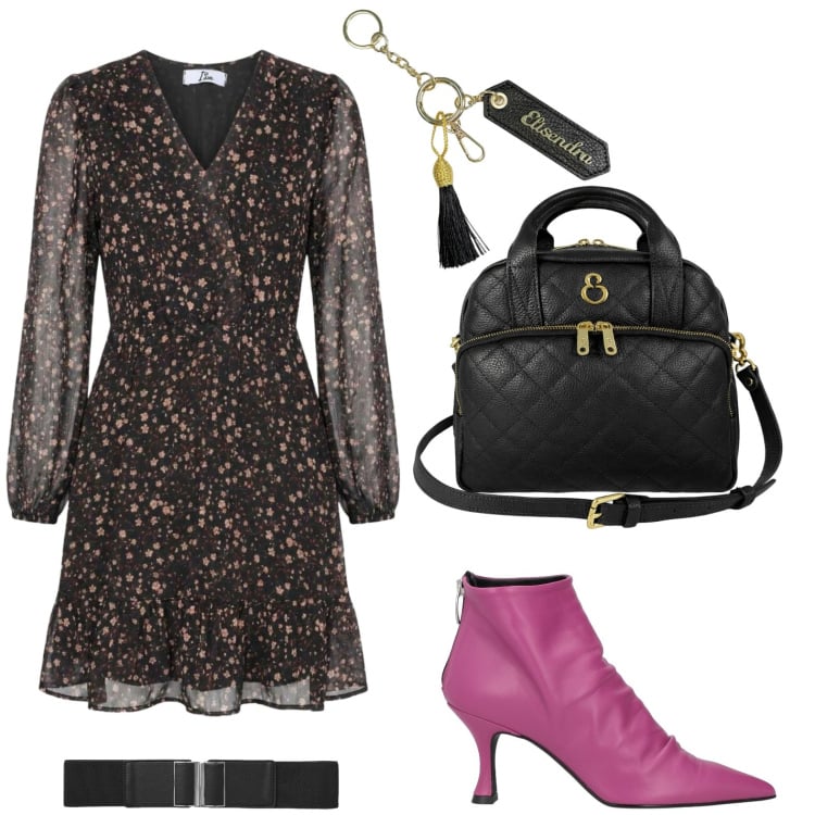 Outfit donna - Eleganza senza tempo. Stile Urban per Serata fuori. Abbinamento con stivaletti, cinture, vestiti corti, borse a mano, portachiavi.