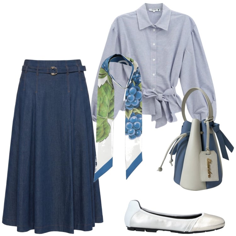 Outfit donna - Bon ton in ufficio. Stile Bon Ton per Ufficio. Abbinamento con ballerine, sciarpe, camicie, gonne longuette, borse a secchiello.