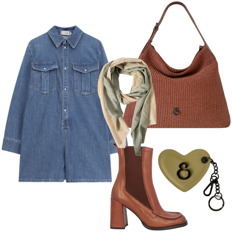 Outfit donna - Tuta in denim. Stile Urban per Tutti i giorni. Abbinamento con stivaletti chelsea, tuta corta, borse a spalla, foulard, portachiavi.