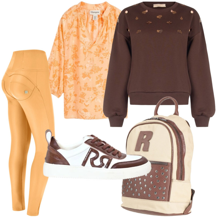 Outfit donna - Sporty chic. Stile Sporty chic per Tutti i giorni. Abbinamento con zaini, tuniche, felpe, sneakers, pantaloni skinny.