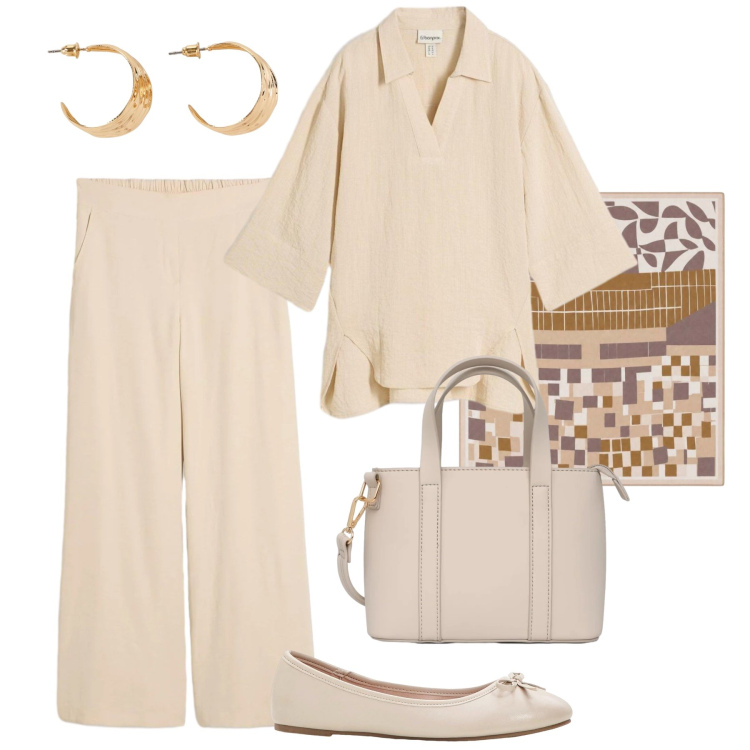 Outfit donna - Monocromatica sabbia. Stile Casual chic per Tutti i giorni. Abbinamento con bluse, pantaloni a palazzo, ballerine, orecchini, borse a tracolla, foulard.