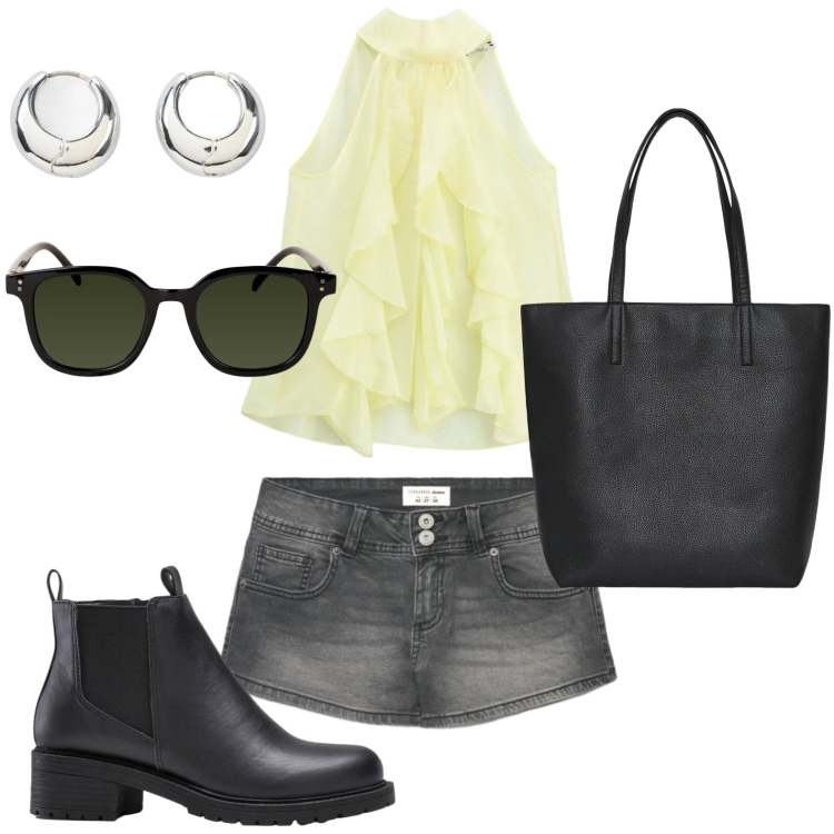 Outfit donna - Rouches trendy. Stile Casual per Tutti i giorni. Abbinamento con stivaletti, orecchini, shorts, borse tote, occhiali da sole, top.