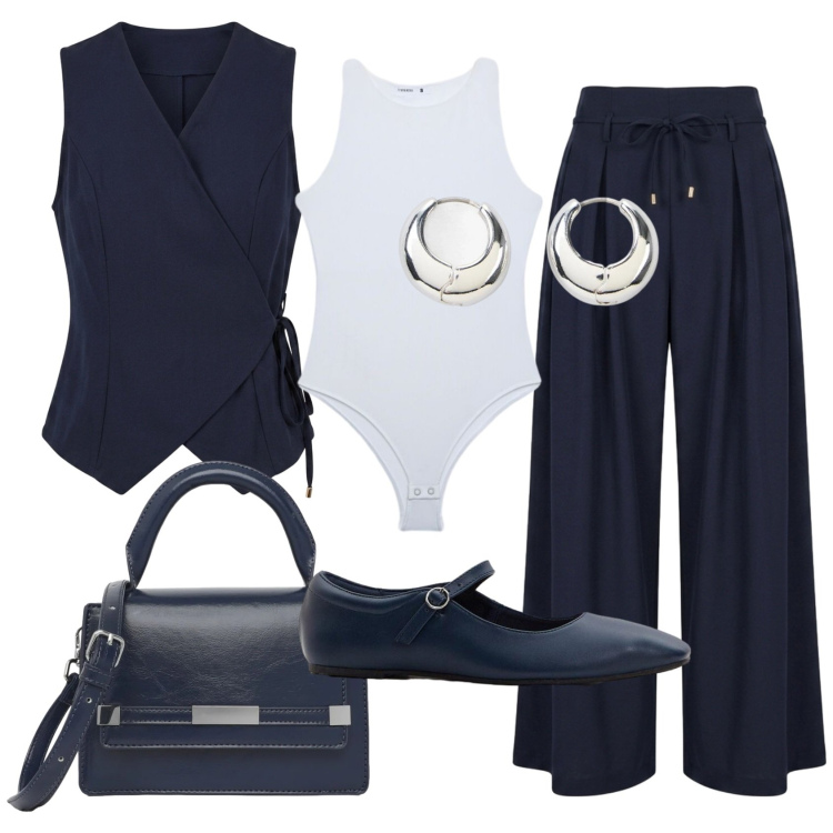 Outfit donna - Total look #2454423. Stile Mannish per Ufficio. Abbinamento con ballerine, orecchini, top, borse a spalla, pantaloni a palazzo, gilet.