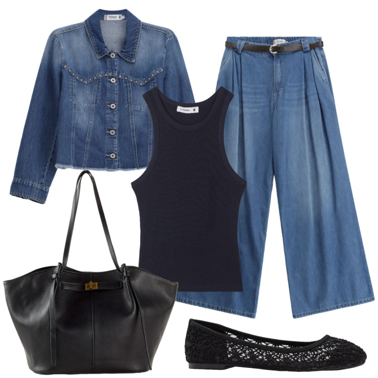 Outfit donna - Total look #2454425. Stile Urban per Tutti i giorni. Abbinamento con shopping bag, ballerine, canottiere, blazer, jeans.
