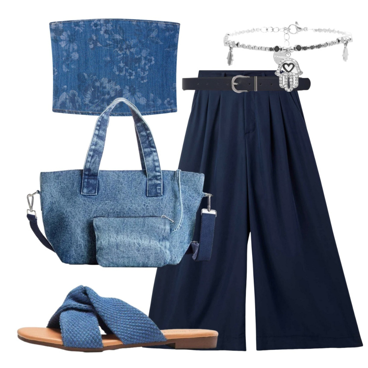 Outfit donna - Total look #2454426. Stile Trendy per Tutti i giorni. Abbinamento con borse a mano, ciabatte, pantaloni, top, cinture, braccialetti.