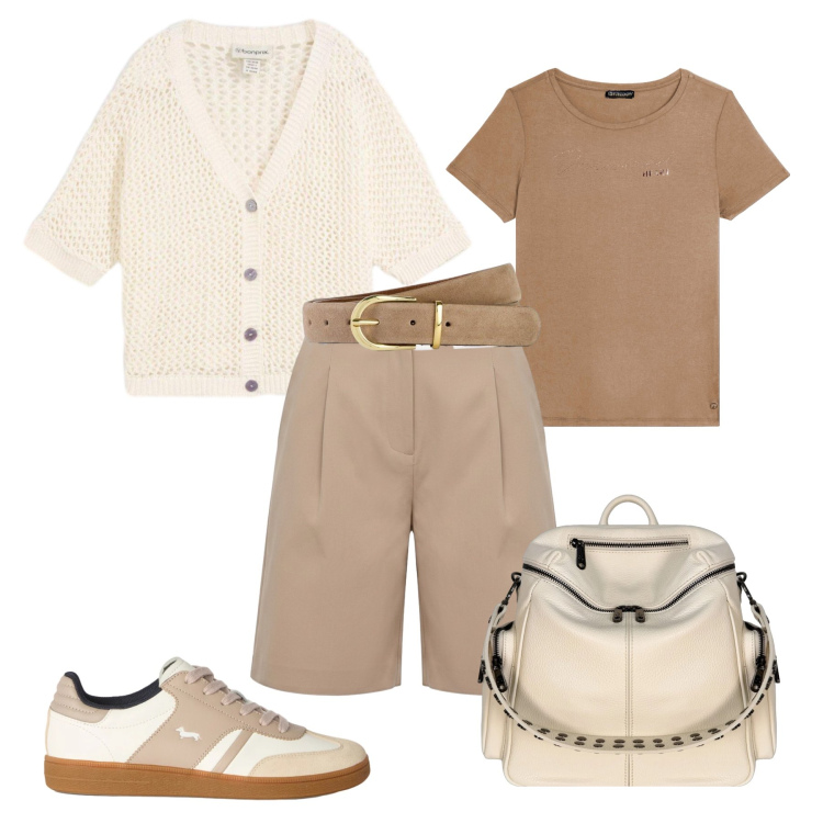 Outfit donna - Cena in baita. Stile Sporty chic per Tutti i giorni. Abbinamento con cardigans, cinture, sneakers, bermuda, t-shirt, zaini.