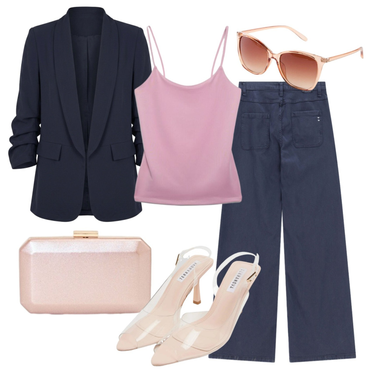 Outfit donna - Total look #2454428. Stile Casual chic per Serata fuori. Abbinamento con occhiali da sole, sandali col tacco, canottiere, clutch, pantaloni, blazer.