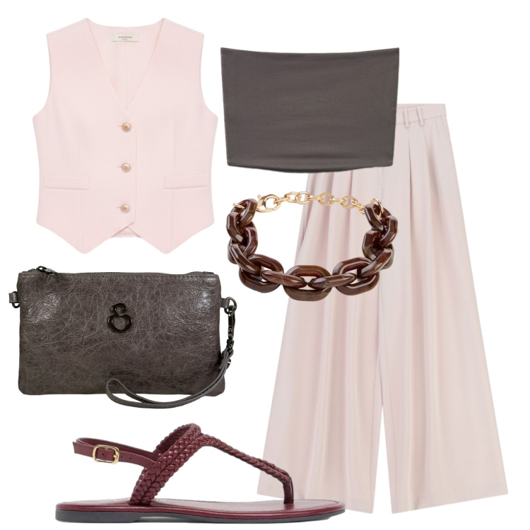 Outfit donna - Total look #2454429. Stile Mannish per Serata fuori. Abbinamento con ciabatte, braccialetti, top, gilet, pantaloni a palazzo, pochette.