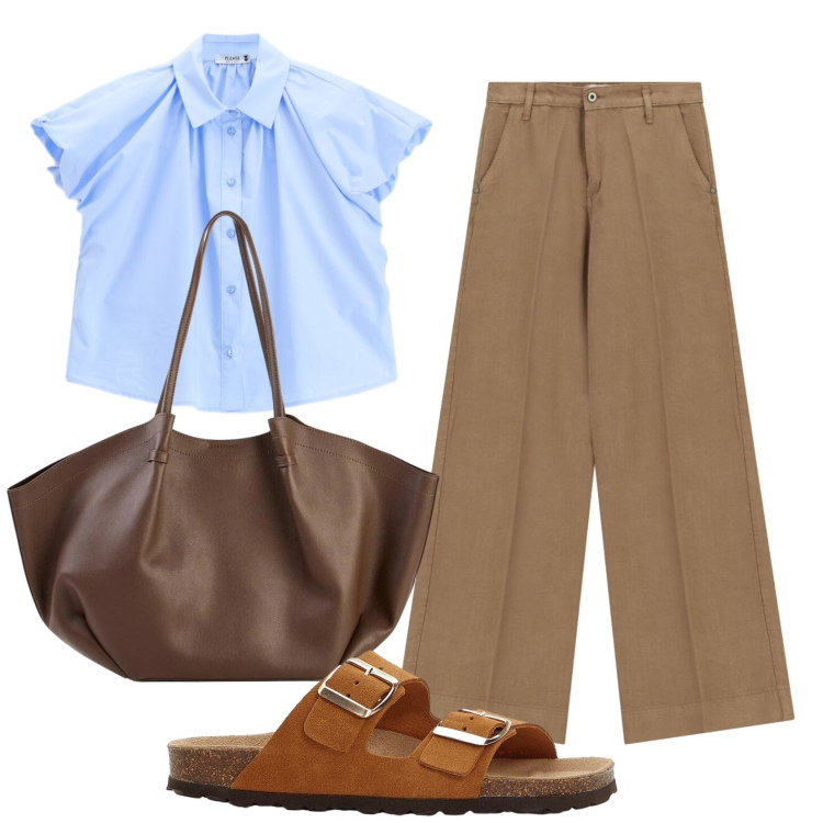 Outfit donna - Total look #2454431. Stile Mannish per Ufficio. Abbinamento con shopping bag, ciabatte, pantaloni a palazzo, camicie a manica corta.