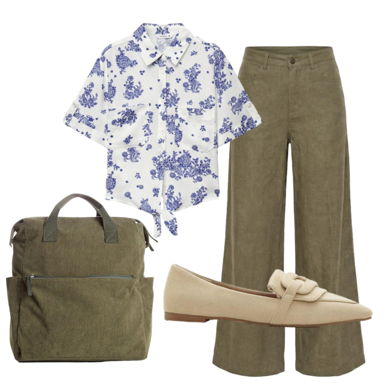 Outfit donna - Total look #2454433. Stile 70s per Ufficio. Abbinamento con zaini, mocassini, camicie a manica corta, pantaloni a palazzo.