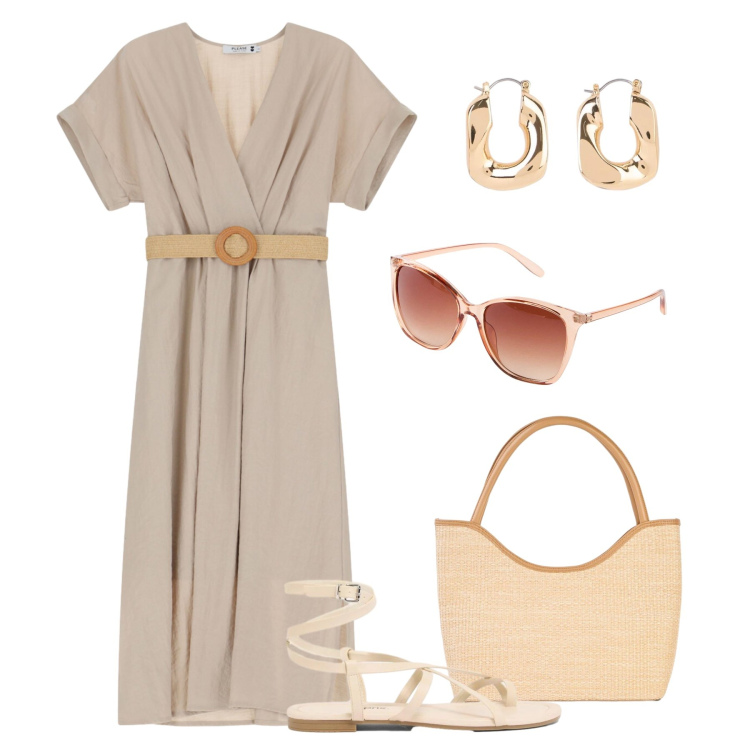 Outfit donna - Natural woman. Stile Glamour per Tutti i giorni. Abbinamento con occhiali da sole, shopping bag, sandali, orecchini, vestiti midi/longuette.
