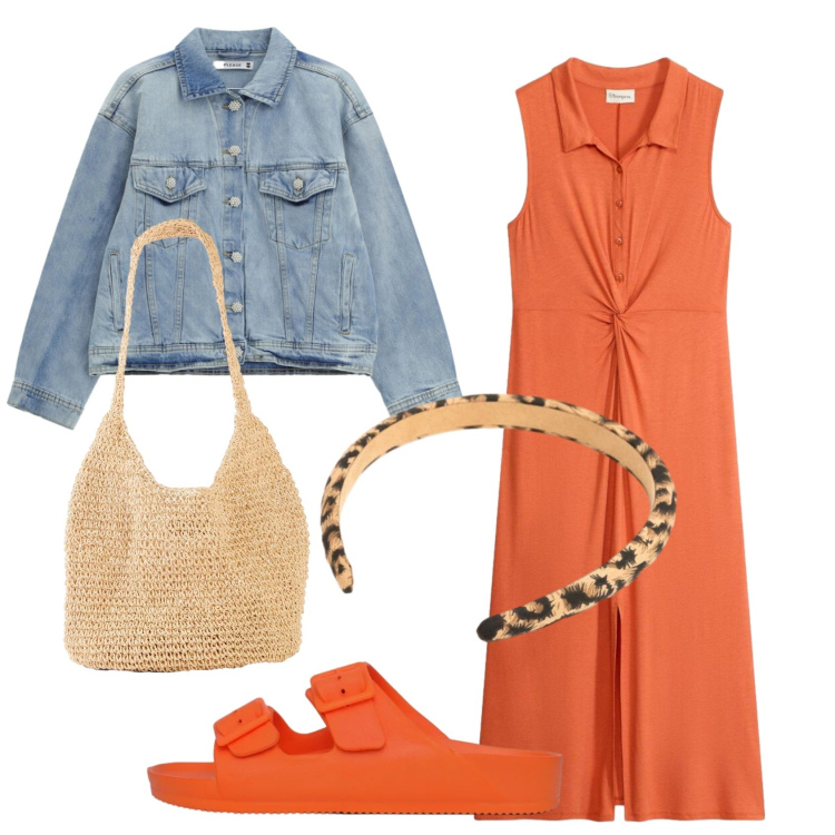 Outfit donna - Total look #2454438. Stile Casual per Tutti i giorni. Abbinamento con shopping bag, vestiti chemisier, ciabatte, blazer, cerchietti.