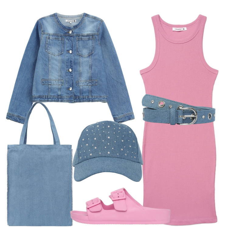 Outfit donna - Total look #2454441. Stile Casual per Tutti i giorni. Abbinamento con cinture, vestiti midi/longuette, cappelli, borse tote, ciabatte, blazer.