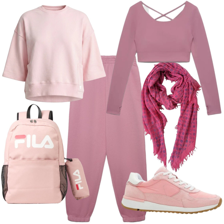Outfit donna - Montagna. Stile Casual per Tutti i giorni. Abbinamento con sneakers, zaini, pantaloni sportivi, t-shirt sportive, felpe, sciarpe.