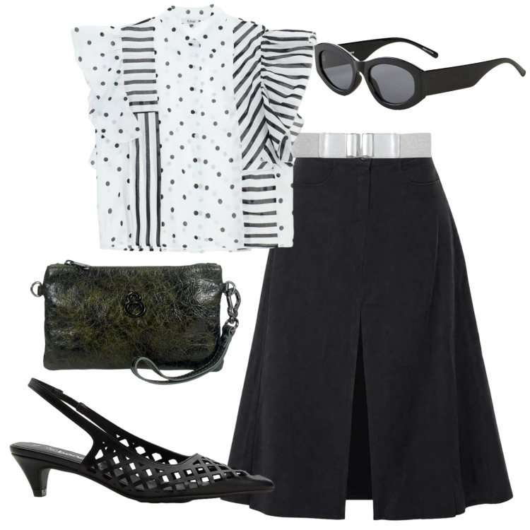 Outfit donna - In città. Stile Casual chic per Tutti i giorni. Abbinamento con occhiali da sole, décolleté, cinture, gonne lunghe, camicie, pochette.