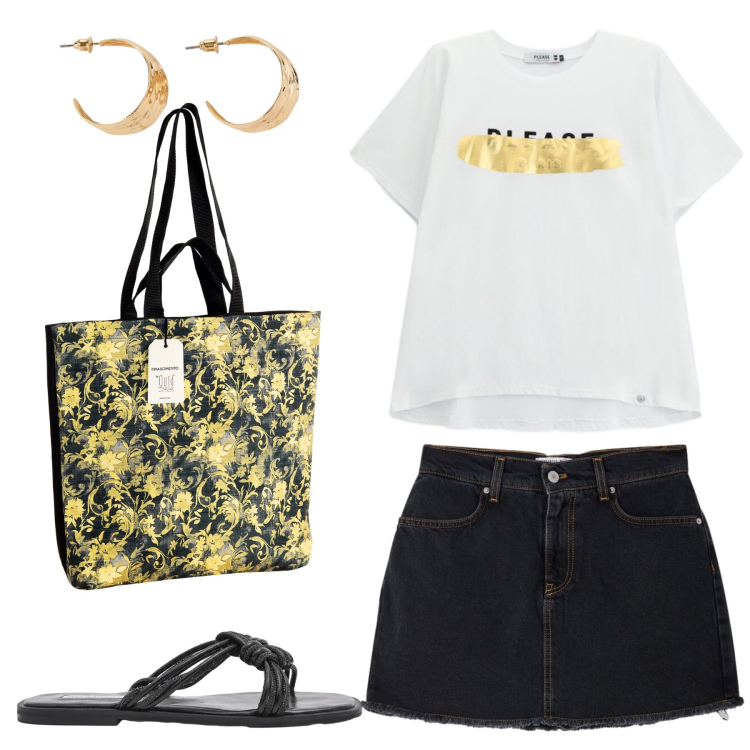 Outfit donna - Bianco nero giallo. Stile Casual per Tutti i giorni. Abbinamento con orecchini, minigonne, t-shirt, borse tote, sandali.