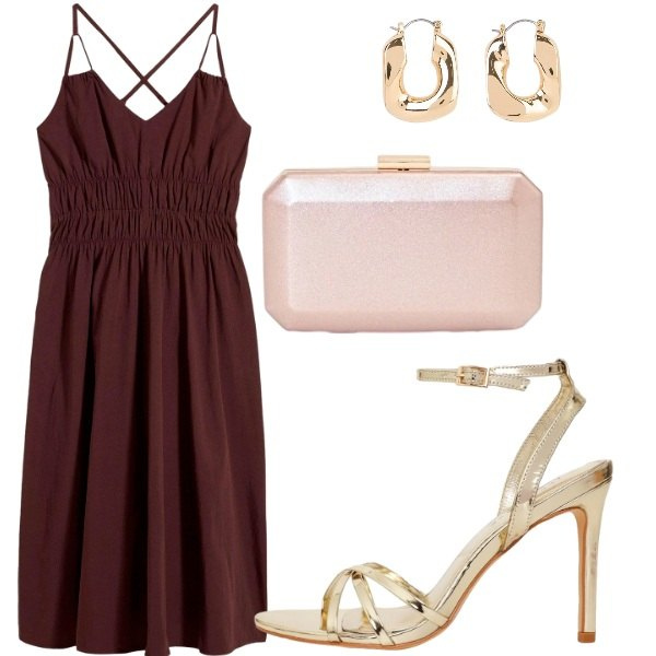 Outfit donna - Accessori dorati. Stile Glamour per Serata fuori. Abbinamento con vestiti, orecchini, sandali col tacco, clutch.