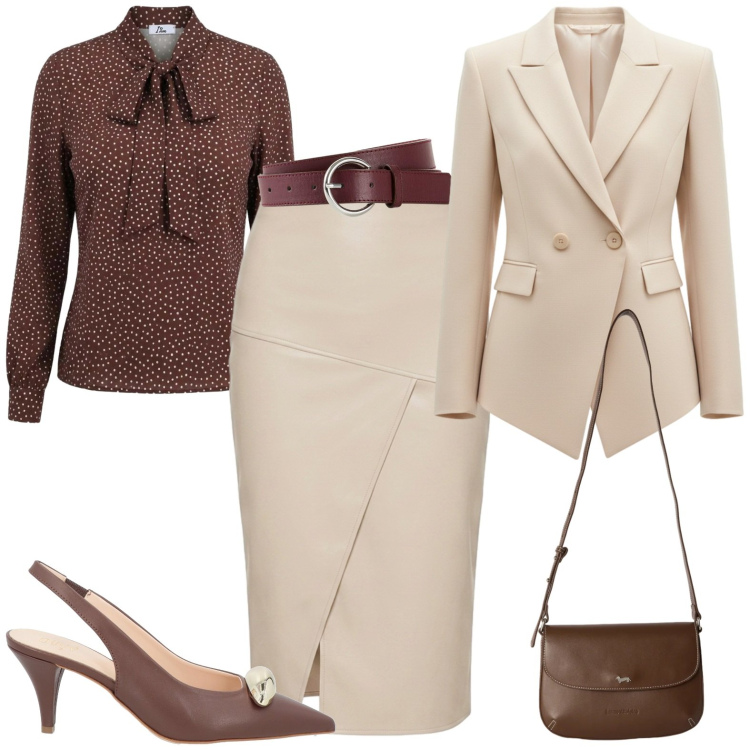 Outfit donna - Ufficio. Stile Chic per Tutti i giorni. Abbinamento con décolleté, cinture, borse a tracolla, bluse, gonne longuette, blazer.