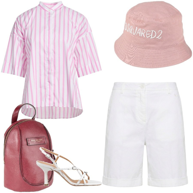 Outfit donna - Total look #2454449. Stile Casual chic per Tutti i giorni. Abbinamento con zaini, sandali in pelle, cappelli, camicie a manica corta, bermuda.
