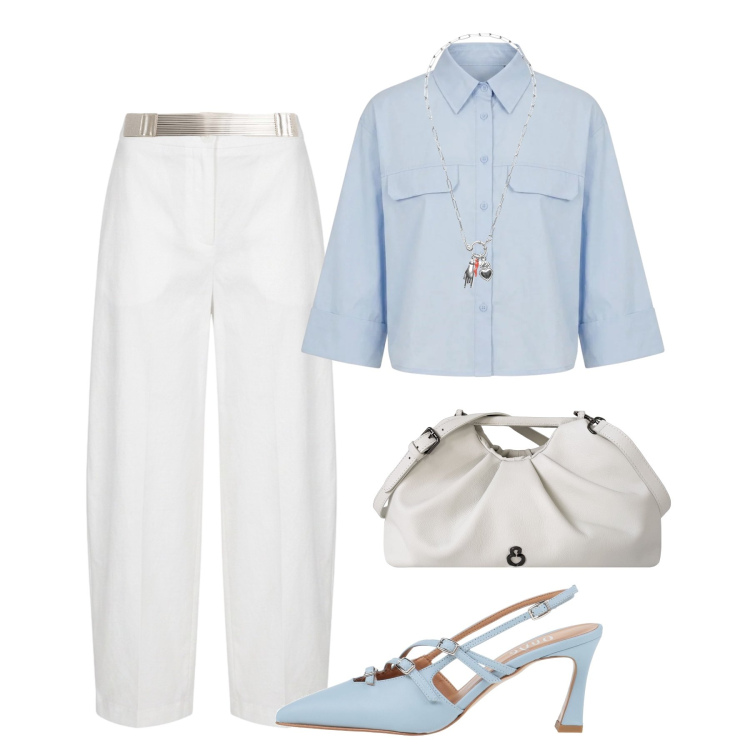 Outfit donna - Aperitivo di fine estate. Stile Casual chic per Tutti i giorni. Abbinamento con décolleté, ciondoli, clutch, camicie a manica corta, cinture, pantaloni.